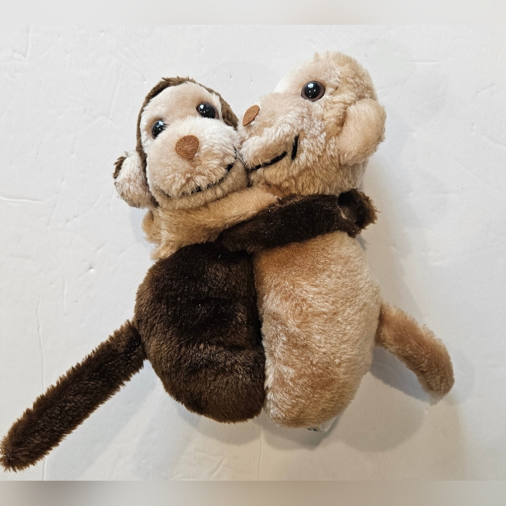 Vintage Plush Hugging Monkey Duo